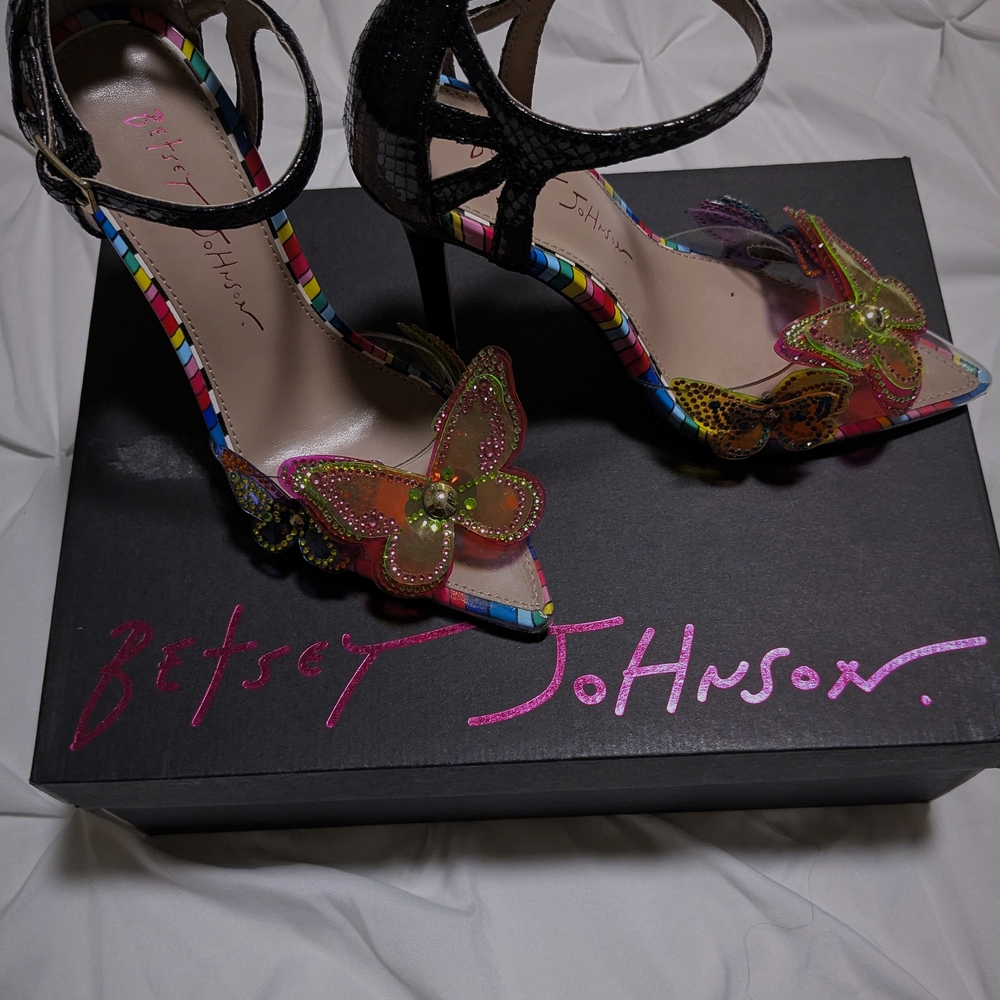 Betsey Johnson Black Multicolor Butterfly Heeled Sandals